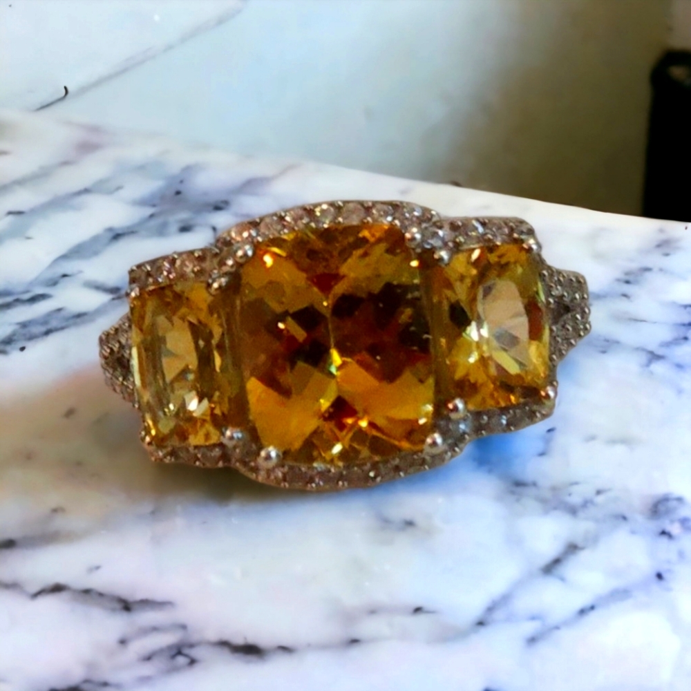 Luxury Brazilian Golden Apatite  and White Zircon ring, 925, size 8 1/4